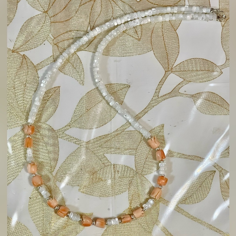 Sterling carved angel skin coral tulip  & Shell pearl beads Necklace 16”